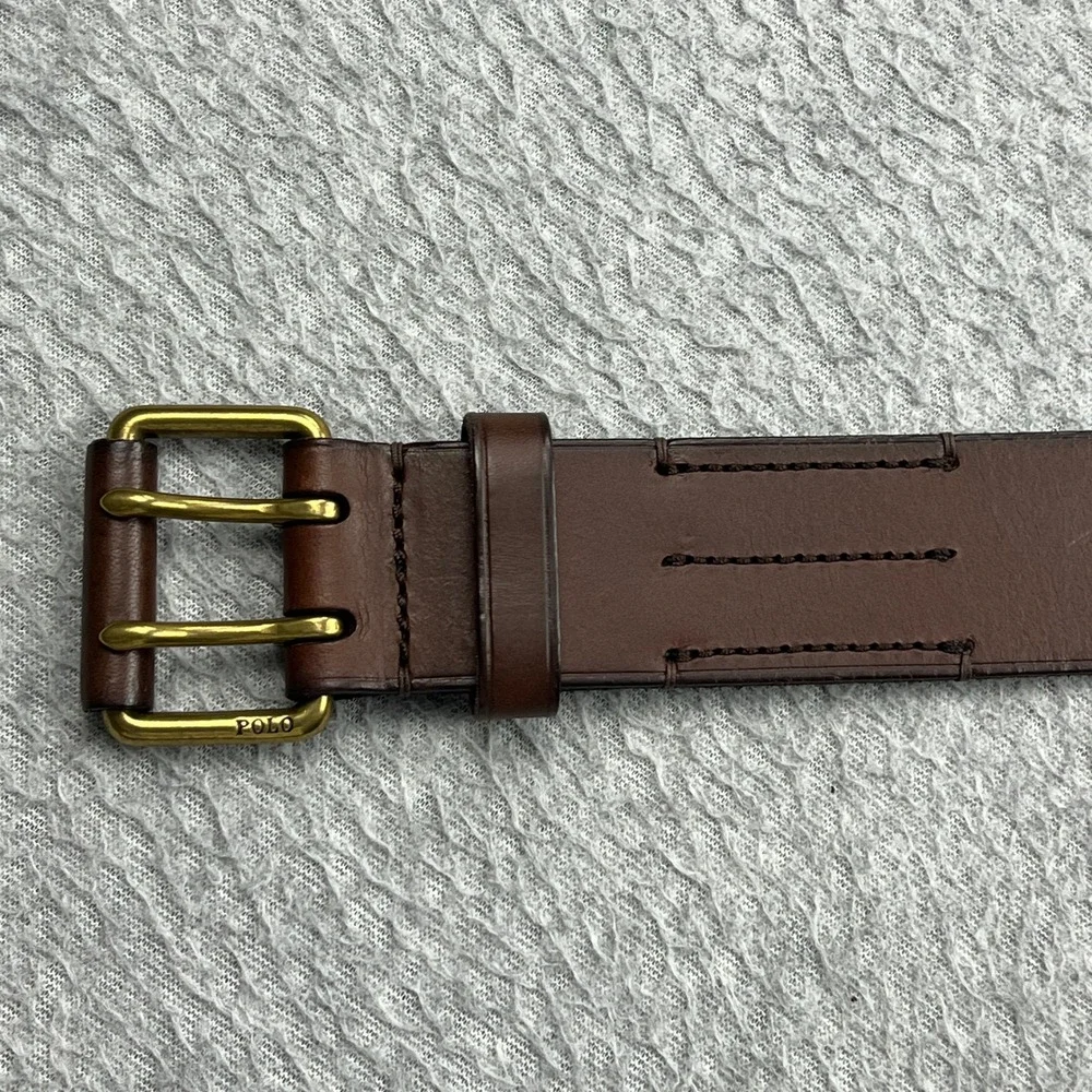Polo Ralph Lauren Double Prong Leather Belt Mens 34 Brown Brass Buckle Logo 1.5